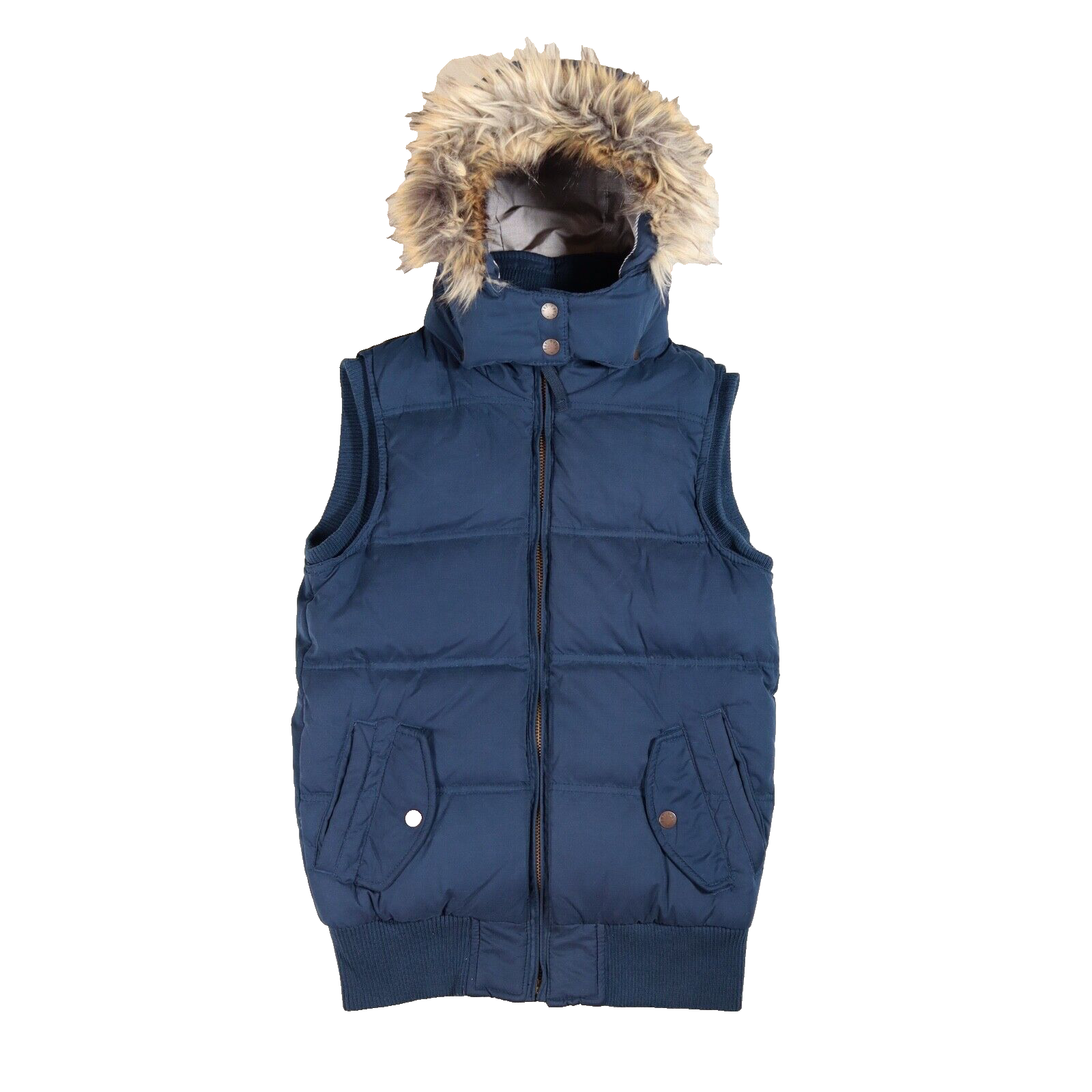 Fat Face Gilet UK 8 Navy Puffer Feather Down Quilted Removable Faux Fur Hood