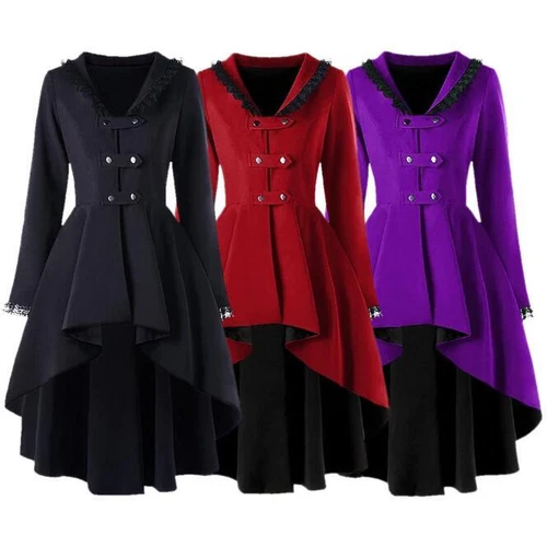 Womens Lace Gothic High Low Trench Victorian Steampunk Medieval Jacket Coat Top - Picture 1 of 13