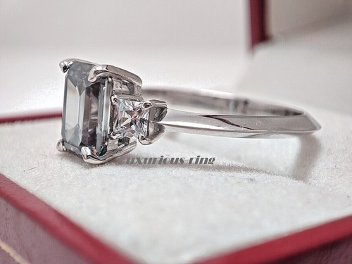 8x6 mm Gray Emerald Cut Moissanite Wedding Ring, 925 White Starling Silver Ring - Picture 4 of 10