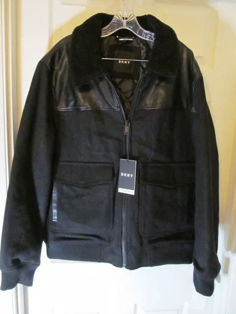 DKNY Men s Premium Fabric Jacket with Faux Fur Collar Black Size XL
