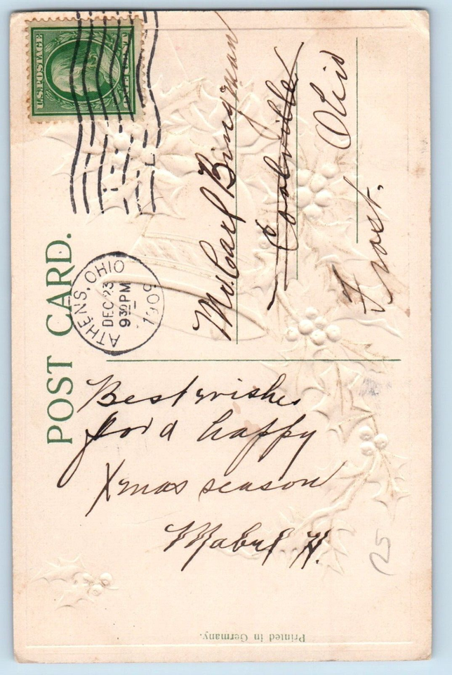 Christmas Postcard Greetings Bell And Holly Berries Embossed Athens
