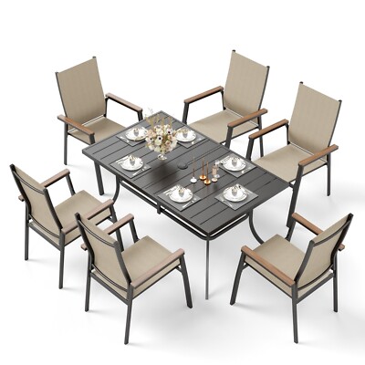 7 Piece Patio Dining Furniture Set Outdoor Table Chairs Set Stackable Chairs