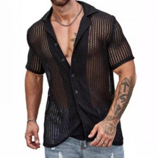 Men's Short Sleeve See Through Mesh Sheer Blouse Party Club Beach Top Shirt Tee