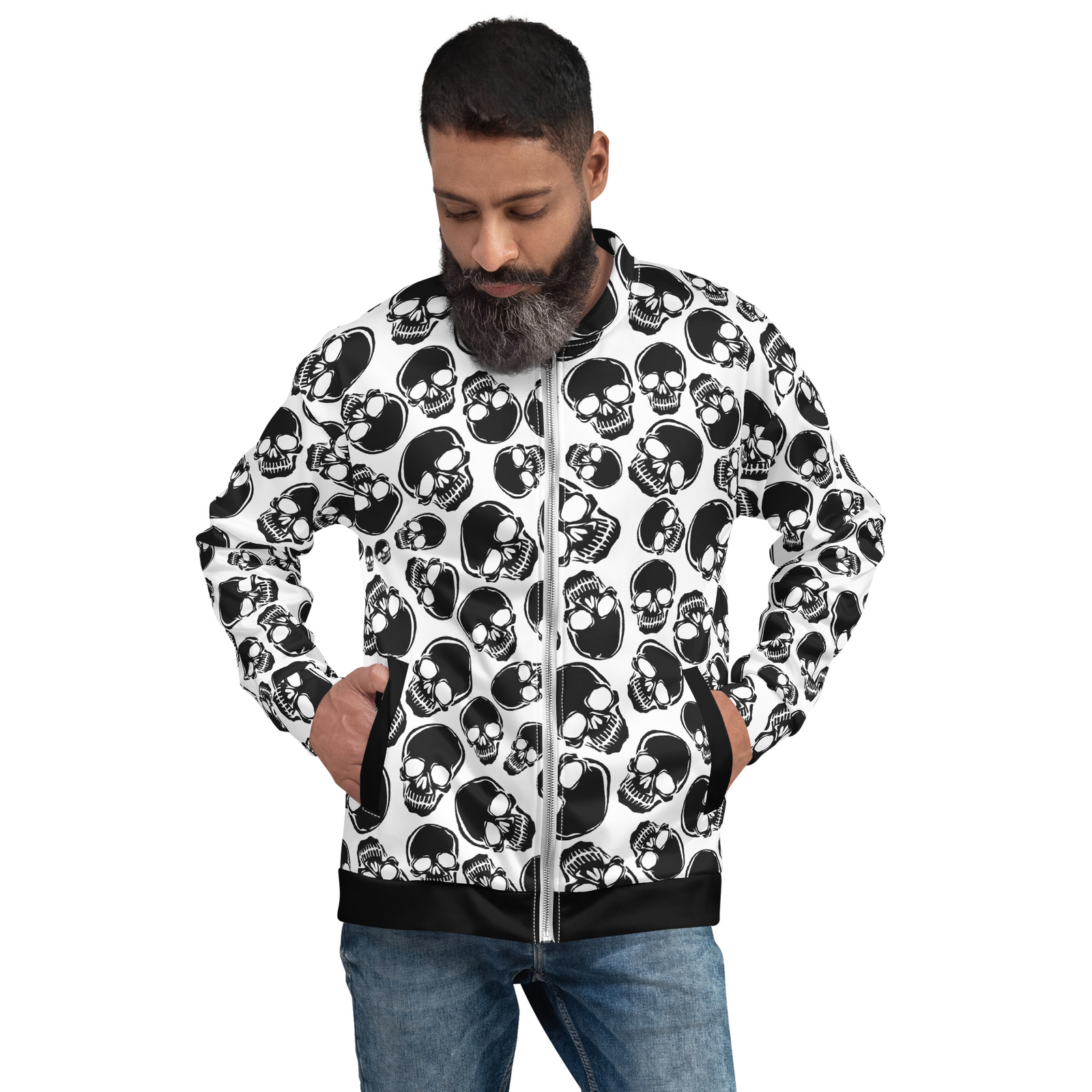 Black and white skull print unisex bomber jacket-image