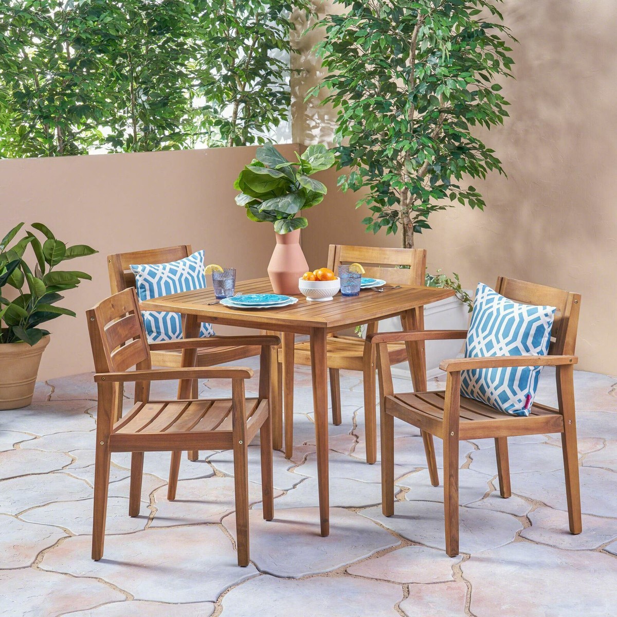Solomon Outdoor Piece Acacia Wood Dining Set, Teak