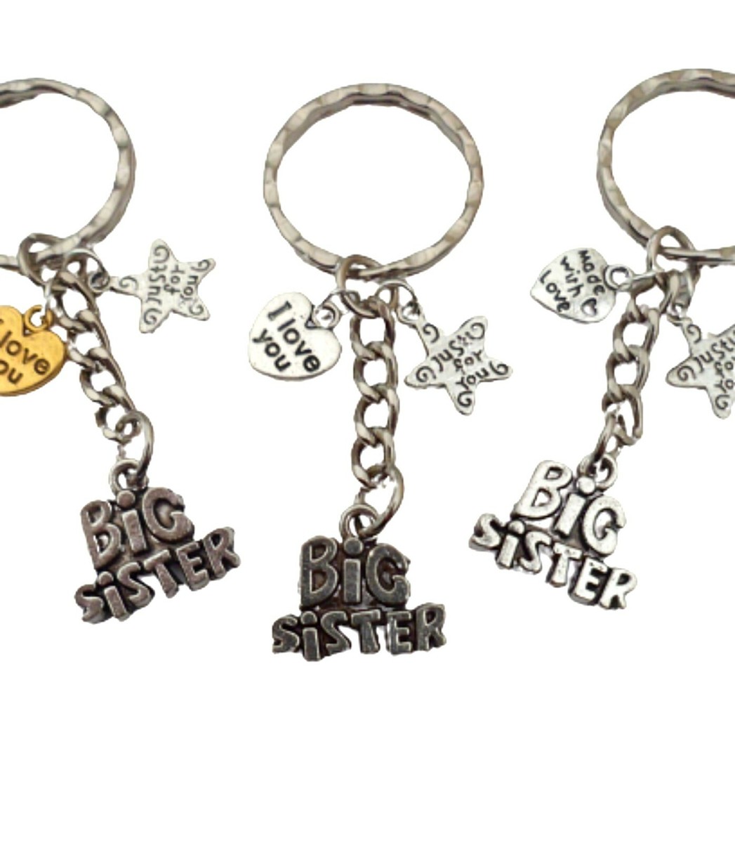 BIG MIDDLE LITTLE SISTER KEYRING Keychain Love Heart Charm Pendant