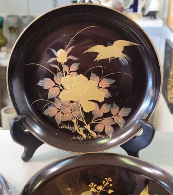 陶器小皿8枚組木箱入 antique Japanese small plates 10 Antique Japanese Kashizara Dish Plate Wood Black Lacquer Raised
