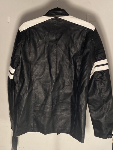 NWT Xray Jeans Faux Leather Jacket Mens Small Motorcycle Full Zip Black White - Picture 2 of 6