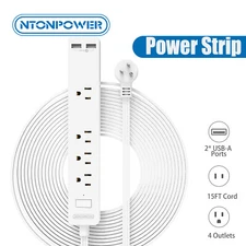 Flat Plug Extension Cord 15ft 4Outlet 2USB Extender Power Strip Overload Protect