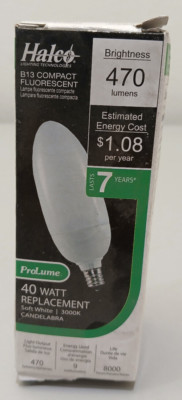 HALCO B13 COMPACT FLUORESCENT 40W REPLACEMENT SOFT WHITE CANDELABRA BASE 45764