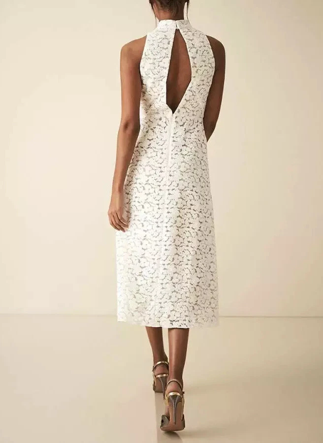 REISS SIRI Embroidery A Line Midi Lace Dress in White Size 14