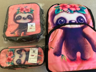 Cute Sloth Pink Backpack 3 Pieces Lunch Bag and Pencil case