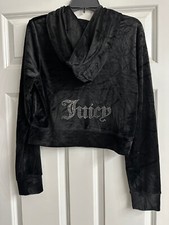 NWT Juicy Couture Black Velour Zipper Track Hooded Hoodie Size L Large