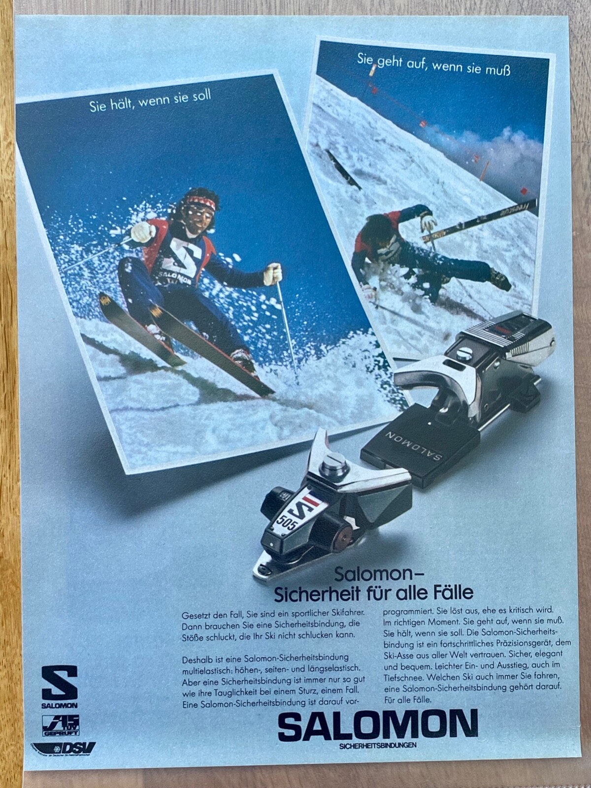 Salomon attacco sci sicurezza originale 1973 vintage orologio annuncio pubblicità