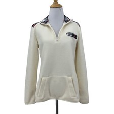 Brooks Brothers Sweater Womens S Small Cream Plaid Fleece Quarter Zip Pullover