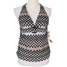 Perry Ellis Tankini Top S Black White Gray Taupe Chevron Removable Pads New