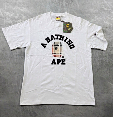 A Bathing Ape Herren T-Shirt Weiß Logo Druckgrafik Kurzarm Rundhals L