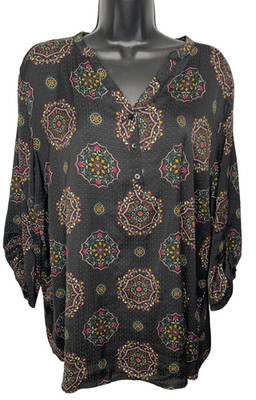 Basic Editions Women's XXL V Neck 3/4 Button Roll up 3/4 Sleeve Blouse