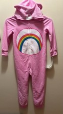 Girls Care Bears Union Suit Pajamas Full Zip Hooded Size 6/6x Cheer Bear NWT