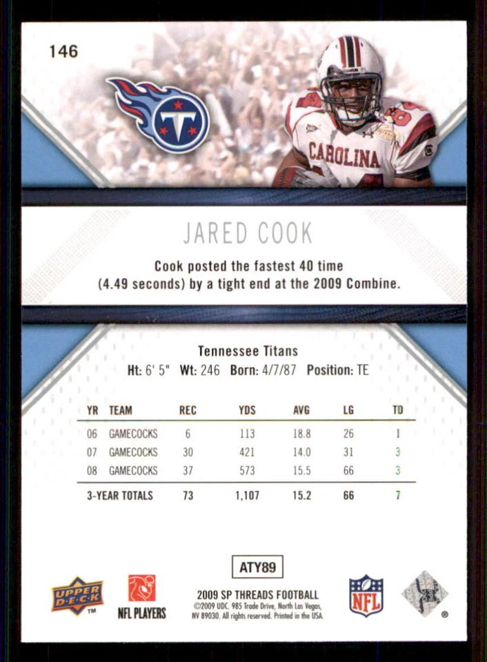 2009 SP Threads #146 Jared Cook RC - Image 2 of 2