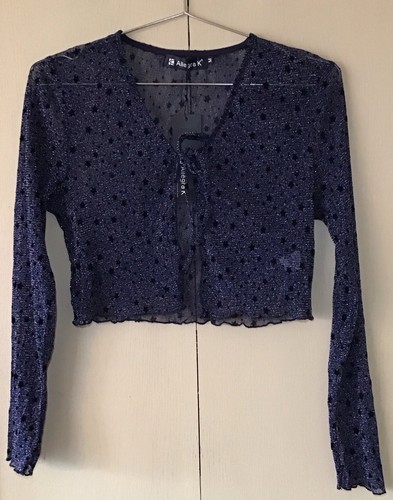 Allegra K Blue Glitter Star Cropped Open Front Tie Bolero Shrug Cardigan