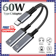USB C 2 in 1 Splitter Adapter Type C to Dual USB-C Audio Jack PD 60W Fast Char