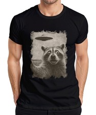 Raccoon UFO Vintage Retro Alien Funny SciFi Space Sepia Mens T-Shirt