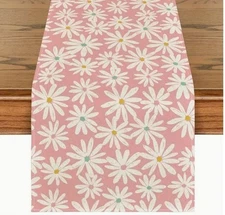 Table Runner 13x72in Woven Polyester Pink Daisies Spring Floral