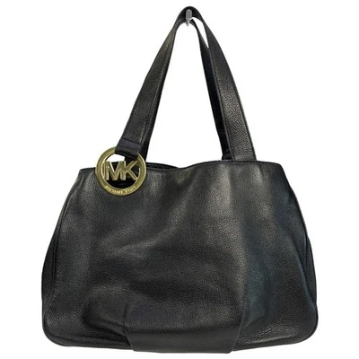 Michael Kors Fulton Black Pebbled Leather Tote Bag Gold MK Logo Shoulder Purse - Photo 1/4