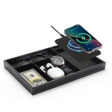 Valet Tray with Wireless Charging Pad Nightstand Organizer, Leather Black