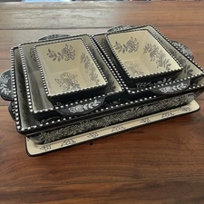 Baum Oven To Table Serving Baking Set Black White Floral Paisley Set Of 6