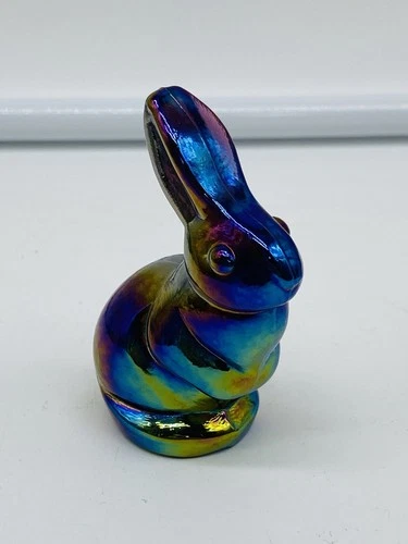 1990's Fenton  Amethyst Marigold Cobalt Carnival Glass Mini Bunny #5275 2-1/2"