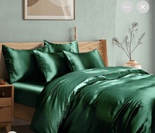 King Satin Duvet Cover With Zipper Closure Luxury Rich Silky Emerald Green 3 Pcs