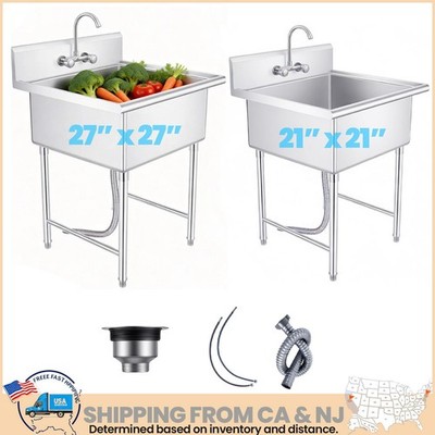 21''/37'' Commercial Utility Prep Sink 1 Compartment w/Backsplash Stainless Steel