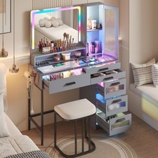 Gurexl Vanity Desk with Mirror and RGB LED Lights, Makeup Vanity with 6 Drawers