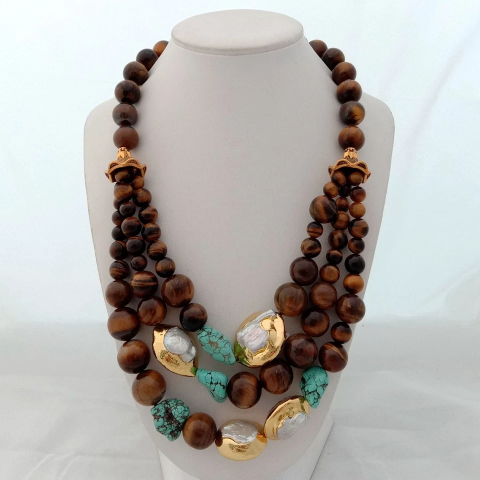 Colar turquesa 20"" 3 fios branco pérola Keshi olho de tigre - Imagem 2 de 4