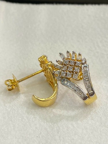 2,22 Cts Rotondo Baguette Diamanti Semicerchio Borchie Orecchini 14K Oro giallo - Foto 8 di 16