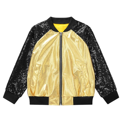Girls Boys Metallic Bomber Moto Jacket Coat Hip Hop Jazz Modern Dance Disco Top - Picture 7 of 117