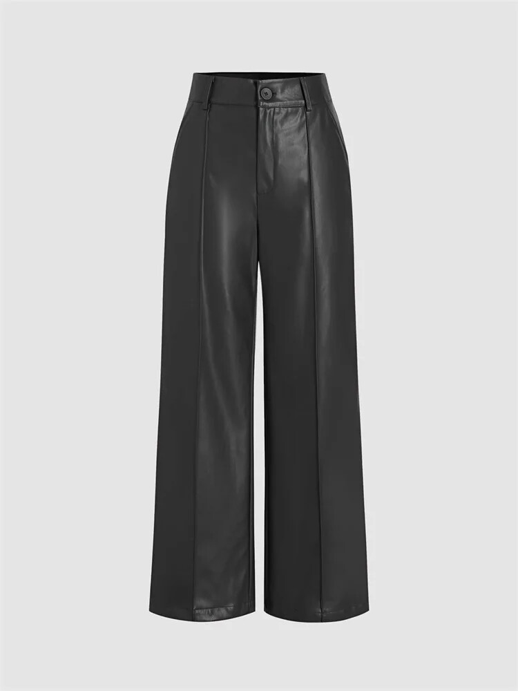 Women High Waist Matte Leather Trousers Vintage Burgundy PU Straight Pants