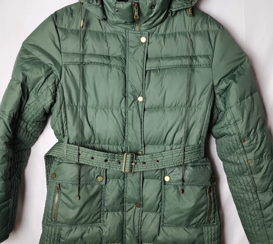 Tommy Hilfiger Mujer L Plumón Verde Cremallera Botón a Presión Largo Quitar Capucha Chaqueta Foto 4 de 4