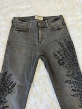 Free People We The Free Women Embroidered Girlfriend Raw Hem Jeans Gray Sz 26