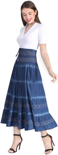 Womens High Waist Tiered Long Skirts Denim Elastic Casual Midi Dress - Picture 6 of 6