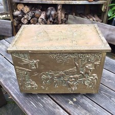 Old Vintage Brass Covered Repouseé￼￼￼ Inn Scene Metal Coal Log Box