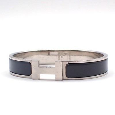 HERMES Logo Clic H GM Armreif Armband Metall Emaille Silber Schwarz Frankreich 10RL968