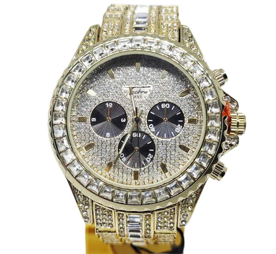 Techno Pave Gold Tone 42mm 3 Dial Face Band Studded Faux Diamond Mens  Watch - Image 2 of 4
