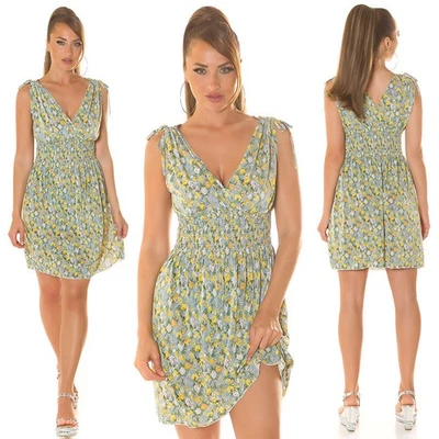 Koucla Minikleid Party Damen Sommer Kleid Strand V-Neck Blumen Print Gelb S/M - Bild 1 von 4