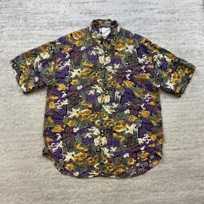 VTG Goouch Camp Shirt Small Purple Yellow All Over Print Rayon Disco Rockability
