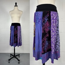 Vintage 90s Purple Batik Panel Midi Skirt Yoga Waistband Bohemian Hippie S/M
