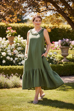 Ladies handmade green linen maxi dress with pockets and ruffles - Final sale