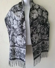 Cashmink  V. Fraas Scarf Roses Shades of Gray Made In Germany 64"X 11-1/2"
